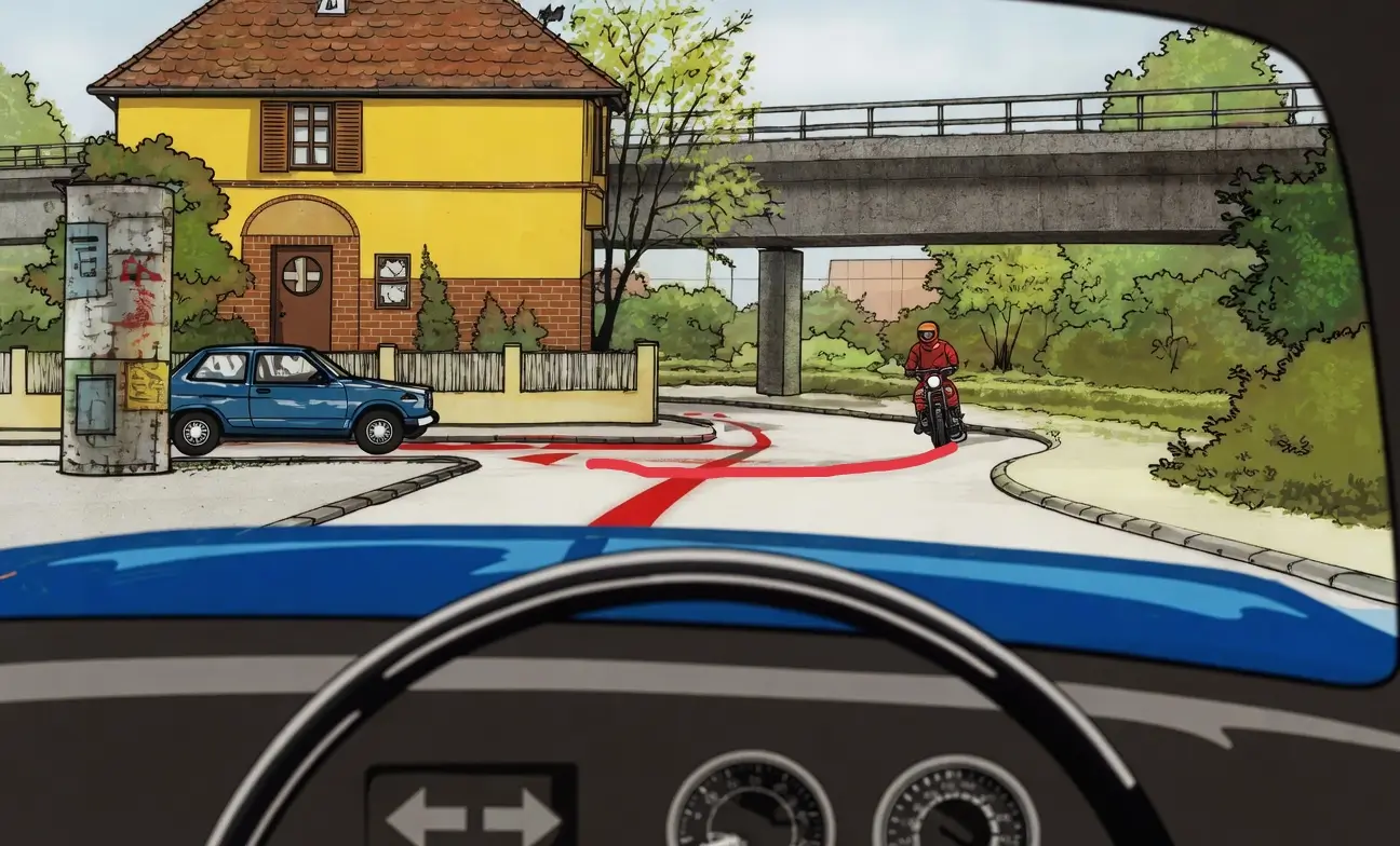 Driver's view approaching a one way t-junction with a blue car on the left turning to its left and a motorcyclist ahead turning right